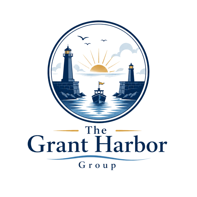 Grant Harbor Group lighthouse and harbor logo